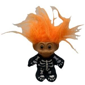 Vintage Troll Doll Russ Halloween Orange Hair With Black Sleleton Jumpsuit